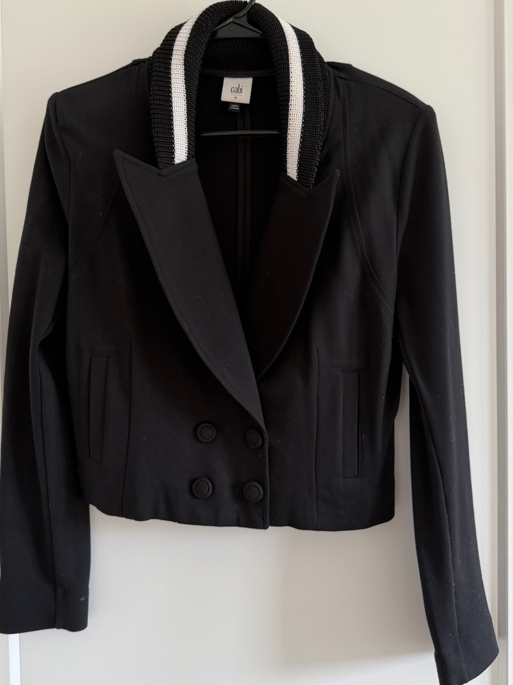 CAbi Black Cropped Double-Breasted Jacket with Contrast Knit Collar